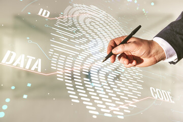 Aufkleber - Double exposure of male hand with pen working with virtual creative fingerprint hologram on blurred office background, research and development concept