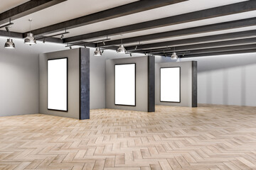 Poster - Modern concrete and wooden empty interior with columns and white mock up banners on wall. Gallery and exhibition concept. 3D Rendering.