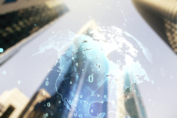 Poster - Abstract virtual coding concept and world map hologram on office buildings background. Multiexposure