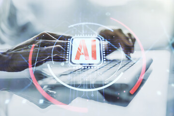 Poster - Double exposure of creative artificial Intelligence abbreviation with hand typing on computer keyboard on background. Future technology and AI concept