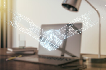 Poster - Creative concept of blockchain technology with handshake on modern laptop background. digital money transfers and decentralization concept. Multiexposure
