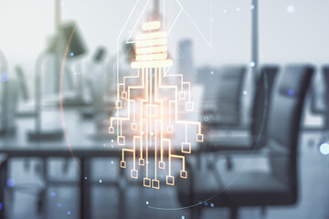 Aufkleber - Double exposure of virtual creative light bulb hologram with chip on modern corporate office background, idea and brainstorming concept