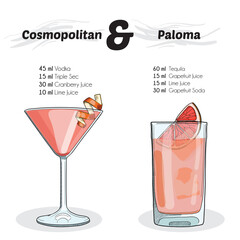 Wall Mural - Hand Drawn Colorful Cosmopolitan and Paloma Summer Cocktail Drink Ingredients Recipe
