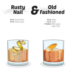 Wall Mural - Hand Drawn Colorful Rusty Nail and Old Fashioned Cocktail Drink Ingredients Recipe