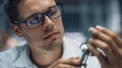 Poster - Close Up Portrait of Young Handsome Engineer in Glasses Working on Manufacturing Metal Parts in Office at Car Assembly Plant. Industrial Product Designer Examining Prototype Parts Before Production.