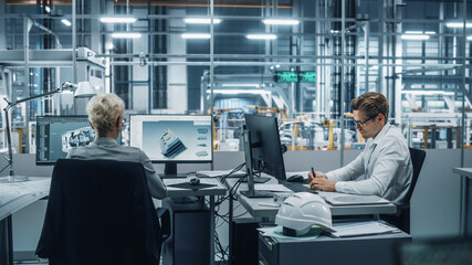 Poster - Team of Automotive Engineers Working on Desktop Computers in Modern Office at Car Assembly Plant. Industrial Product Designer Developing Electric Engine Parts with Colleagues at Vehicle Factory.