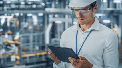 Leinwandbilder - Male Engineer in Safety Goggles and Hard Hat Using Tablet Computer and Looking Out of the Office at a Car Assembly Plant. Industrial Specialist Working on Vehicle Production in Technological Factory.