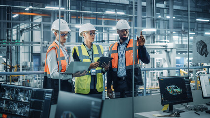 Leinwandbilder - Young Diverse Team of Automotive Engineers Working in Office at Car Factory. Industrial Designer Talks About Electric Engine Parts with Colleagues, Discussing Different Technological Applications.