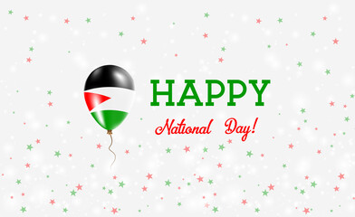 Wall Mural - Palestine National Day patriotic poster. Flying Rubber Balloon in Colors of the Palestinian Flag. Palestine National Day background with Balloon, Confetti, Stars, Bokeh and Sparkles.