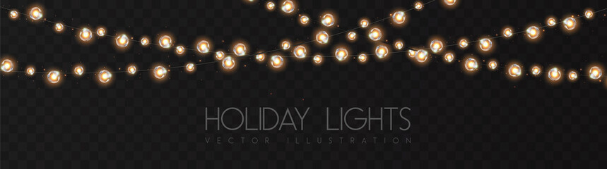 Vector garlang of gold or yellow lamps on transparent background. Holiday string of lights vector illustration