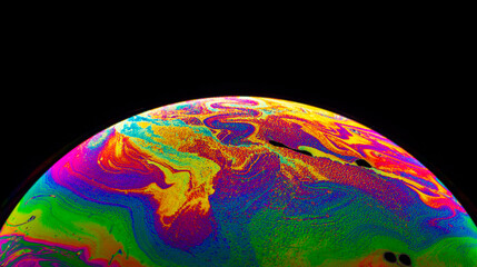 Wall Mural - Virtual reality space with abstract multicolor psychedelic planet. Closeup Soap bubble like an alien planet on black background.