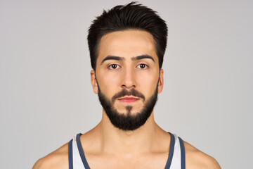 bearded man in white tank top cropped view Studio Model