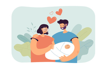 Sticker - Man and woman hugging each other and holding newborn child. Couple looking at baby in hands with loving eyes flat vector illustration. Family, love concept for banner, website design, landing web page