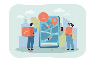 Poster - Tiny man and woman standing near phone screen with delivery destination. City navigation in tablet flat vector illustration. Delivery, GPS system concept for banner, website design or landing web page