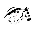 elegant woman  at hippodrome wearing wide brimmed ascot hat and sunglasses and race horse head outline - glamour and beauty vector portrait