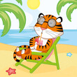 Cute cartoon tiger on the beach in a sun lounger by the sea