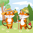 Cute cartoon tigers in the forest pick mushrooms