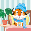 Cute cartoon tiger in bed is sick with a temperature and drinks tea. Vector illustration