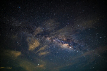 Wall Mural - panorama many stars on dark night with noise , white clouds obscured and disturbed.