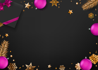 Aufkleber - Christmas vector background with gift box and holiday accessories. Flat lay composition