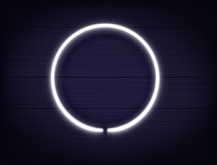 Aufkleber - White Neon glowing circle frame on a dark wood wall. Vector template for design