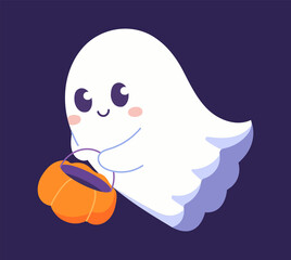 Wall Mural - Cute ghost with Pumpkin. Stickers for children, wizards for social networks. Ghost with basket flies to collect items. Halloween, feast of horror, fear, panic. Cartoon flat vector illustration