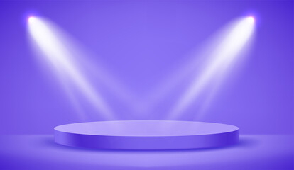 Poster - Empty violet illuminated room with circle platform and soffits. Realistic 3d style vector illustration