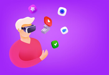Poster - Young man using VR glasses vector concept