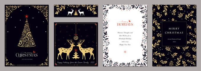 Sticker - Luxury Corporate Holiday cards with ornate Christmas tree, Christmas ornament, reindeers, bird, decorative floral frames, background and copy space. Universal artistic templates.