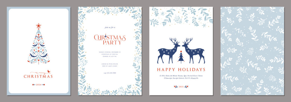 Corporate Holiday cards with Christmas tree, reindeers, bird, decorative floral frames, background and copy space. Universal artistic templates.