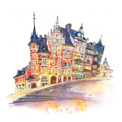 Watercolor sketch of cosy houses on Mont des Arts area in Brussels, Belgium