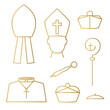 golden catholic priest, bishop, pope hats, crosier, sprinkler, cassock icons- vector illustration