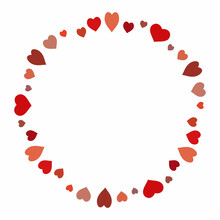 Round Frame With Red And Discreet Orange Hearts On White Background. Vector Image.