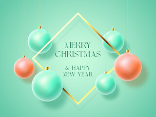 Wall Mural - Christmas Turquoise Pastel Baubles on Gentle Background. Modern Golden Glitter Greetings Frame Template. Winter Holiday Social Media Card or Poster Mockup. New Year 3D Ball Social Network Banner