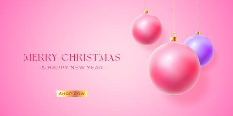 Wall Mural - Christmas Purple Pastel Baubles on Gentle Background. Modern Golden Glitter Greetings Template. Winter Holiday Social Media Card or Poster with Shop Now Button. New Year 3D Ball Social Network Banner