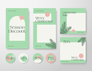 Wall Mural - Christmas Advertising Trendy Editable Templates Set. Pine Branches and Typography for Social Networks Stories Highlights and Posts Backgrounds. Boho Social Media Holiday Greeting Cards or Banners