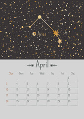 Wall Mural - Vector vertical April 2022 calendar with golden zodiac constellation and stars on a black background. A3, A2 poster with horoscope Aries sign. Planner with linear illustration and dates of one month