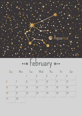 Wall Mural - Vector vertical February 2022 calendar a with golden zodiac constellation and stars on a black background. A3, A2 poster with a horoscope Aquarius sign. Planner with dates of one month