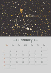 Wall Mural - Vector vertical January 2022 calendar a with golden zodiac constellation and stars on a black background. A3, A2 poster with a horoscope Capricorn sign. Planner with dates of one month
