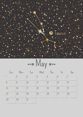 Wall Mural - Vector vertical May 2022 calendar a with golden zodiac constellation and stars on a black background. A3, A2 poster with a horoscope Taurus sign. Planner with dates of one month