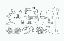 Sewing Supplies Drawings In Doodle Style. . Handmade Set. Vector Icons - Sewing Machine, 
 Mannequin , Thread, Scissors, Needles. Sewing Tools. Isolated Background.