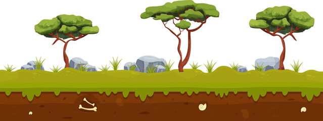 Forest fantasy landscape with tree, grass, stone soil in cartoon style. Tropical warm scene. Ui game background, horizontal.