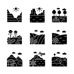 Wall Mural - Biomes and landforms black glyph icons set on white space. Land type diversity. Dry and moist climate zones. Northern and southern regions. Silhouette symbols. Vector isolated illustration