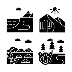 Poster - Natural landforms black glyph icons set on white space. Coastal terrain. Hot desert. Boreal forest, taiga. Land types. Terrestrial biomes. Silhouette symbols. Vector isolated illustration