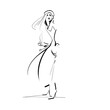 Minimalist fashion illustration of an elegant woman dressed in a sumptuous winter coat, alpino hat and high boots. 