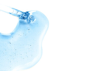 Sticker - Blue texture of a drop of serum on a white background. Transparent sample of cosmetic gel with bubbles. Crystal acid cream. Hyaluronic acid.