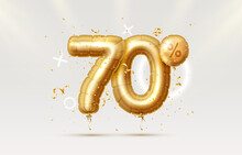 70 Off. Discount Creative Composition. 3d Golden Sale Symbol With Decorative Objects, Heart Shaped Balloons, Golden Confetti, Podium And Gift Box. Sale Banner And Poster. Vector