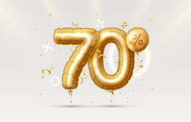 70 Off. Discount creative composition. 3d Golden sale symbol with decorative objects, heart shaped balloons, golden confetti, podium and gift box. Sale banner and poster. Vector