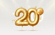 20 Off. Discount creative composition. 3d Golden sale symbol with decorative objects, heart shaped balloons, golden confetti, podium and gift box. Sale banner and poster. Vector
