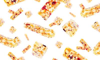 Wall Mural - Granola bar isolated on white background. Muesli bar isolated. Granola bars flying. Falling bars.